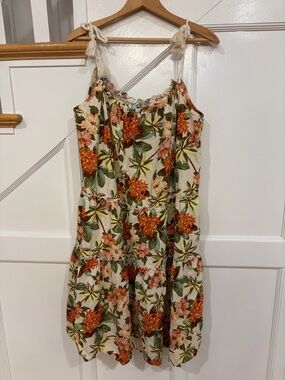 dRA Tropical Floral Tiered Linen Blend Slip Mini Dress Beige Pink Size Medium